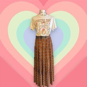 LUNA Orange Western Boho/ Hippie Tiered Maxi Skirt With Geometric Design Sz M